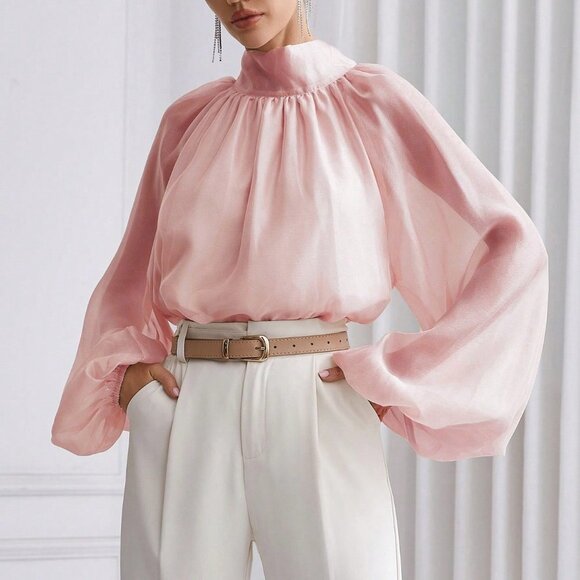 Dusty Pink Casual Women's Solid Color Stand Collar Lantern Sleeve Shirt - Picture 5 of 5